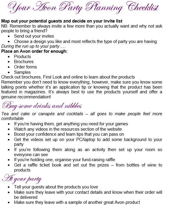 Avon Party Plan Checklist