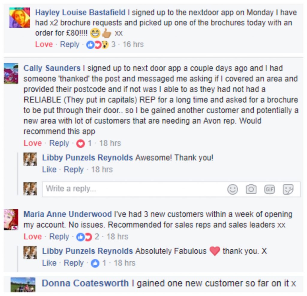 Review from Gailsreps Representative team members on the Nextdoor app for Avon